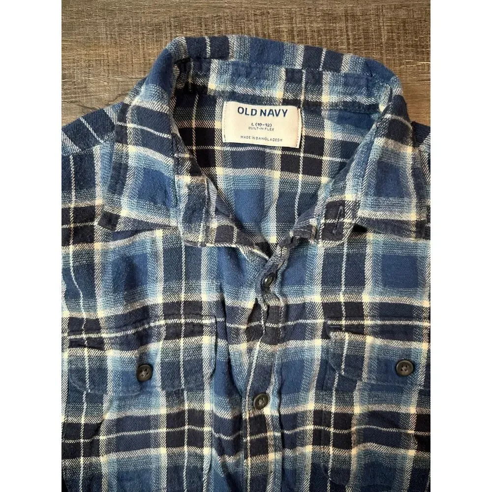 Old Navy Boys Blue Button Up Flannel Long Sleeve Size Large 10/12